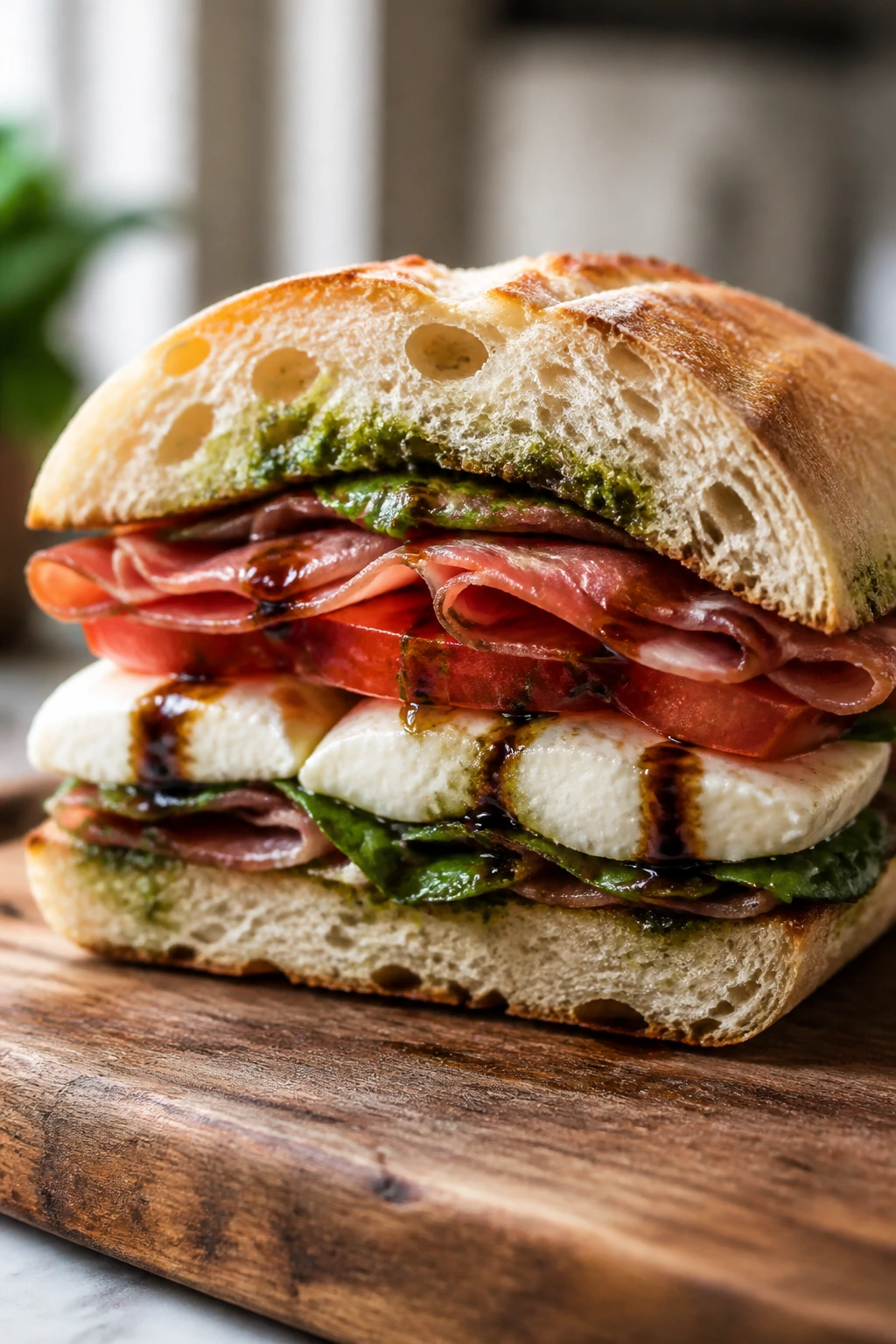 Caprese-Prosciutto sandwich half on ciabatta