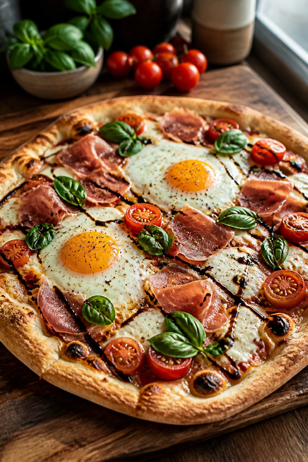 Close-up of Caprese Prosciutto Breakfast Pizza with mozzarella, tomatoes, basil, prosciutto, and eggs
