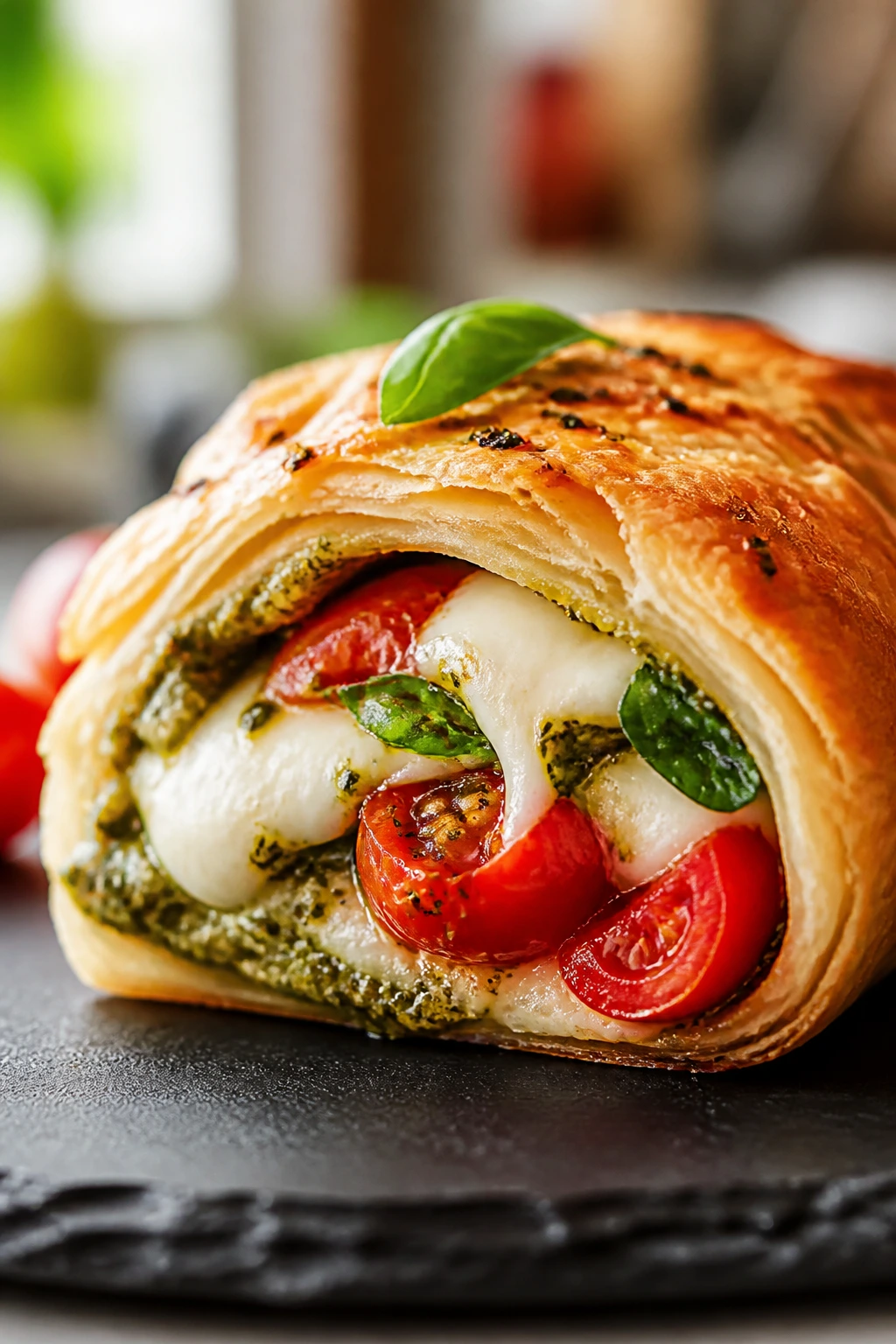 Caprese puff pastry roll cross-section with mozzarella and pesto on a bright plate