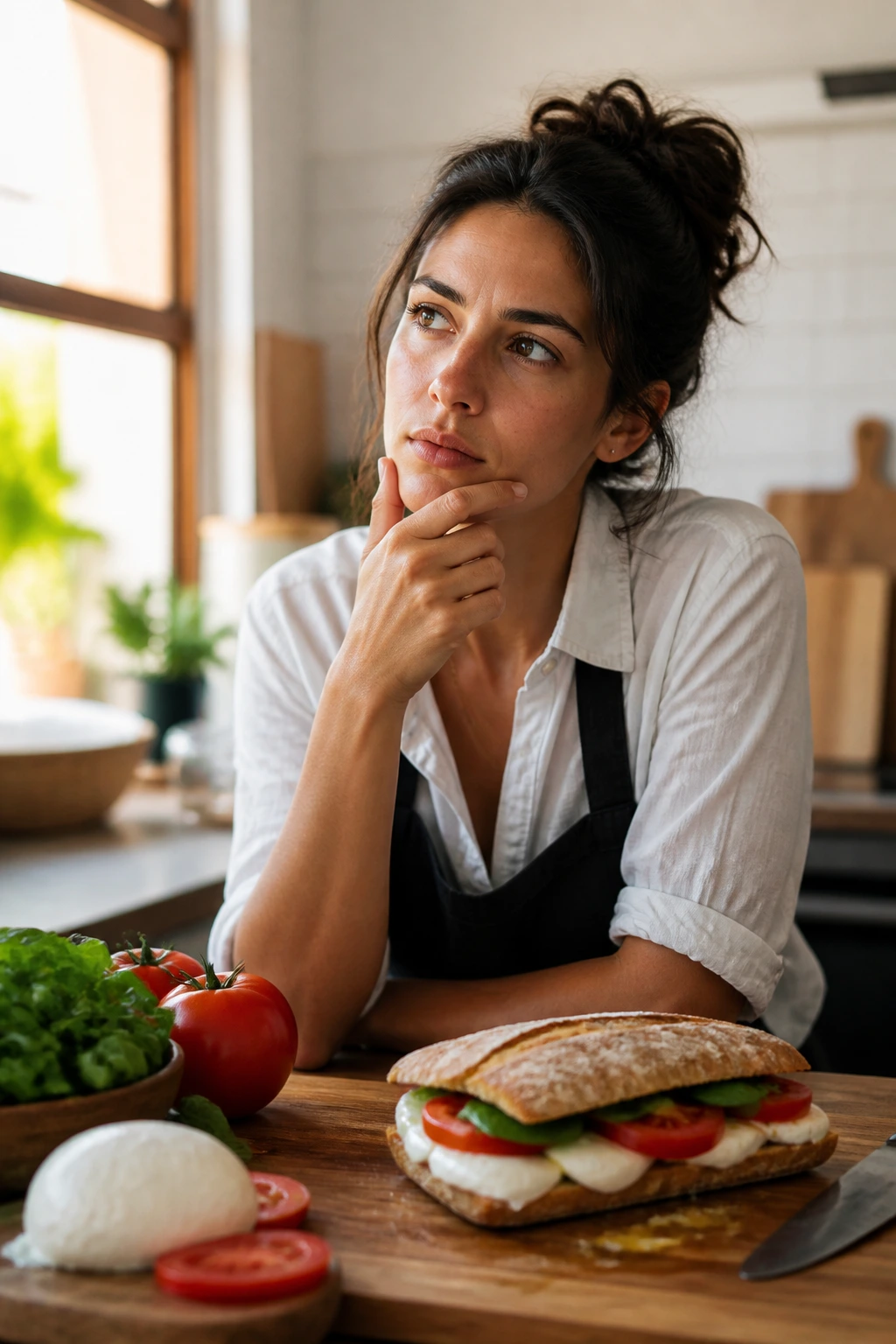 Portrait of a real person in a kitchen contemplating a Caprese sandwich