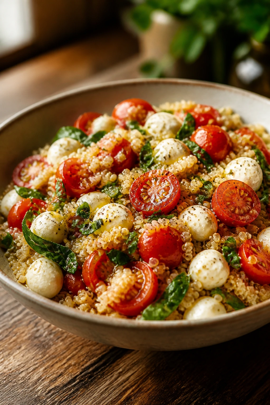 Close-up of Caprese quinoa bowl with basil, tomatoes, mozzarella on a rustic wooden table