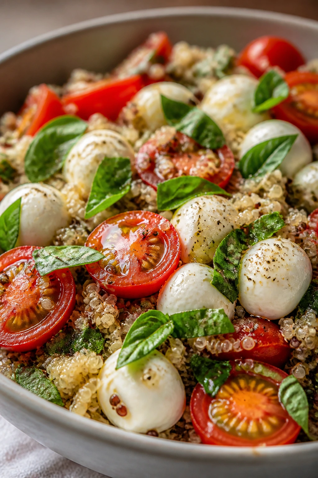 Caprese Quinoa bowl with tomatoes, mozzarella, and basil close-up