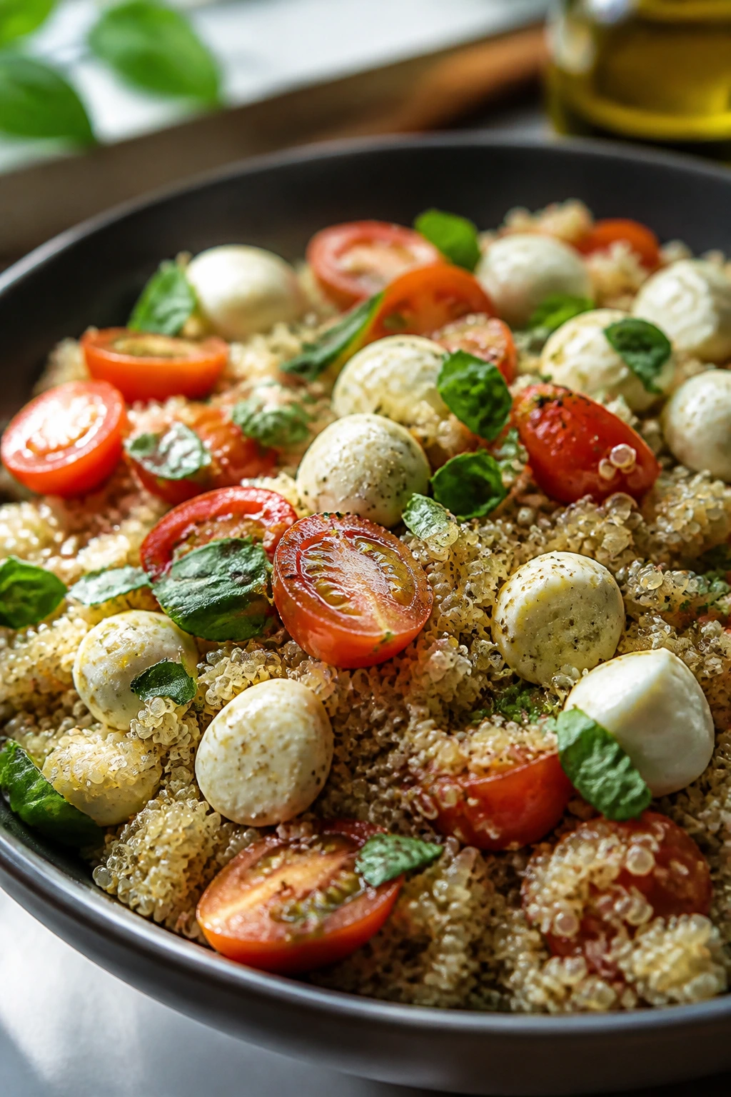 Bright Caprese quinoa bowl ready to serve in a sunlit kitchen