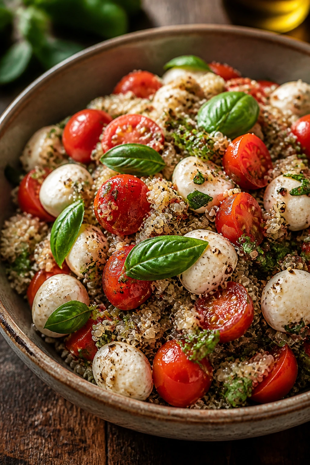 Vibrant Caprese Quinoa Salad in a rustic bowl on wooden table