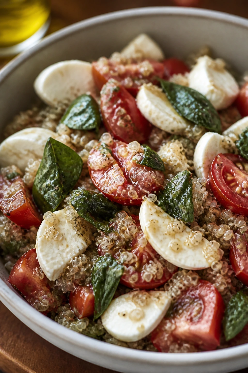 Caprese Quinoa bowl with imperfect basil and uneven dressing