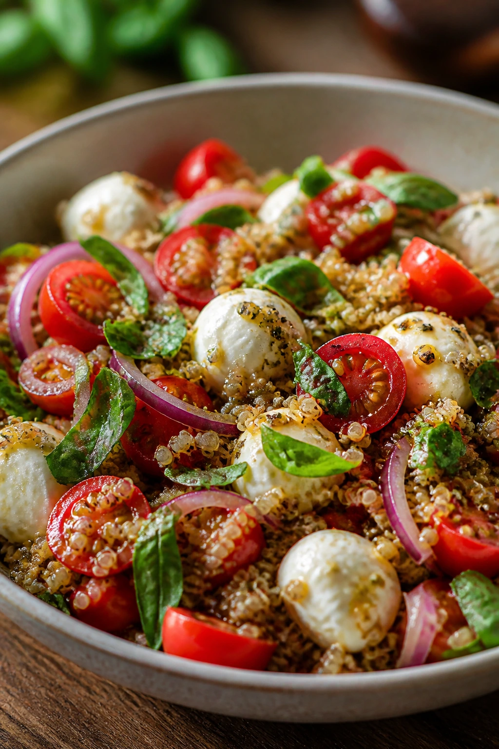 Caprese Quinoa Salad close-up with ingredients in bowl