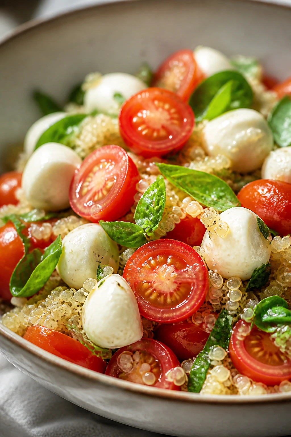 Caprese quinoa bowl showing key ingredients: tomatoes, basil, mozzarella, quinoa