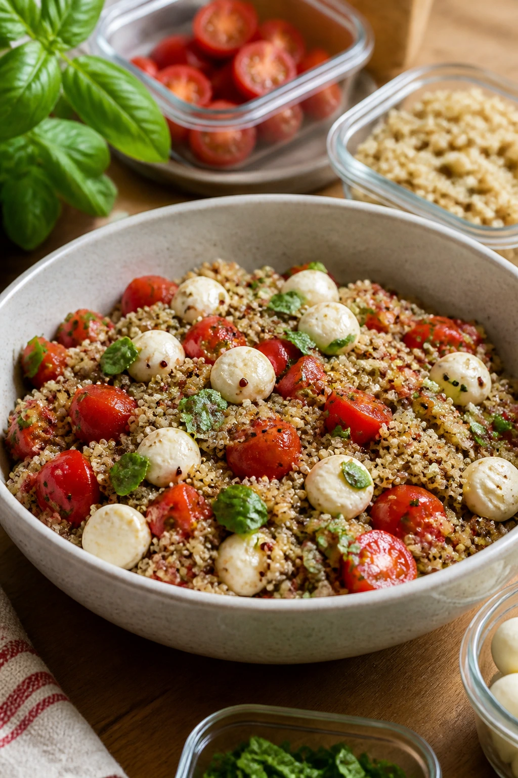 Caprese Quinoa bowl on kitchen counter ready for prep and storage