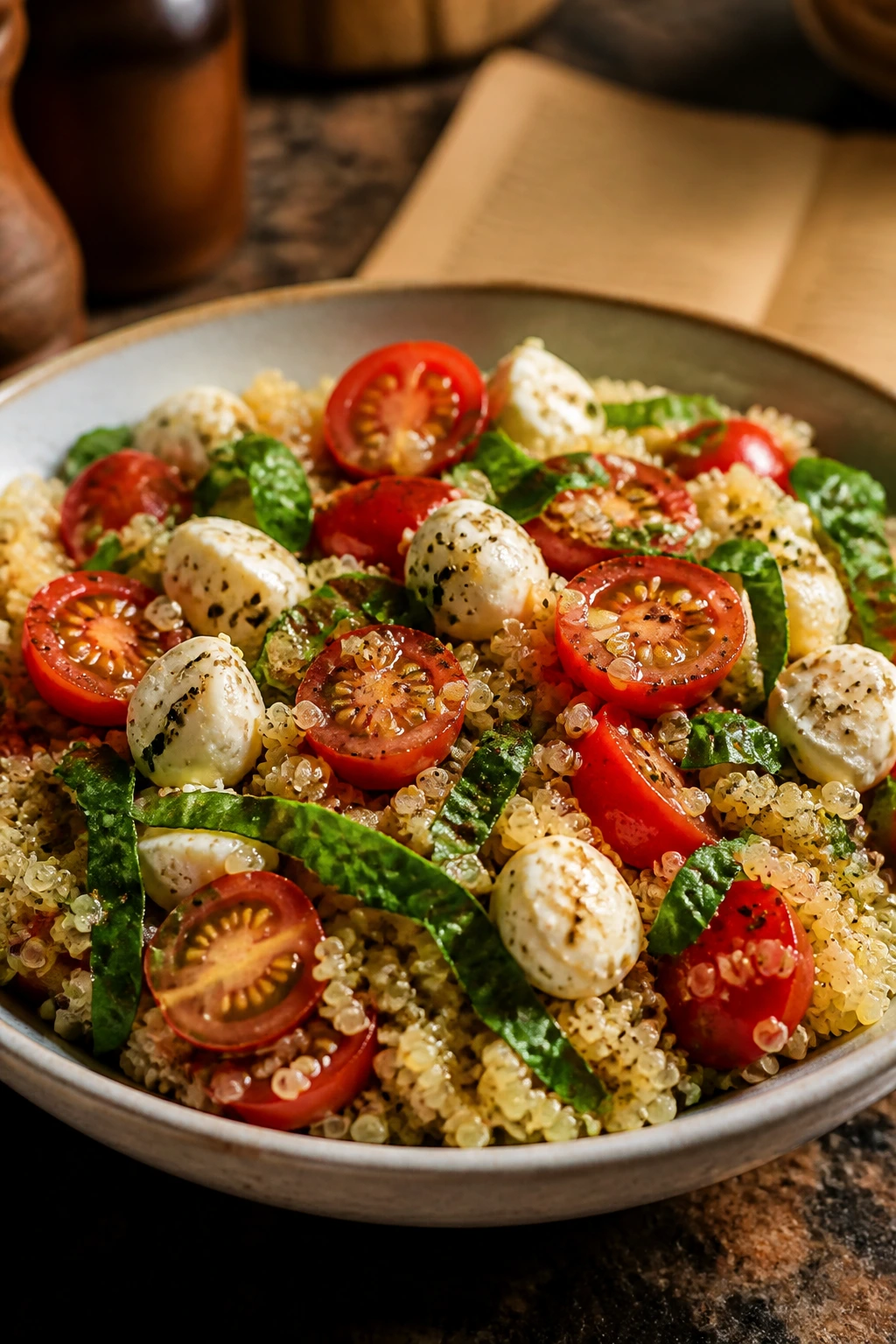 Close-up of caprese quinoa with tomatoes, basil, and mozzarella on a kitchen counter