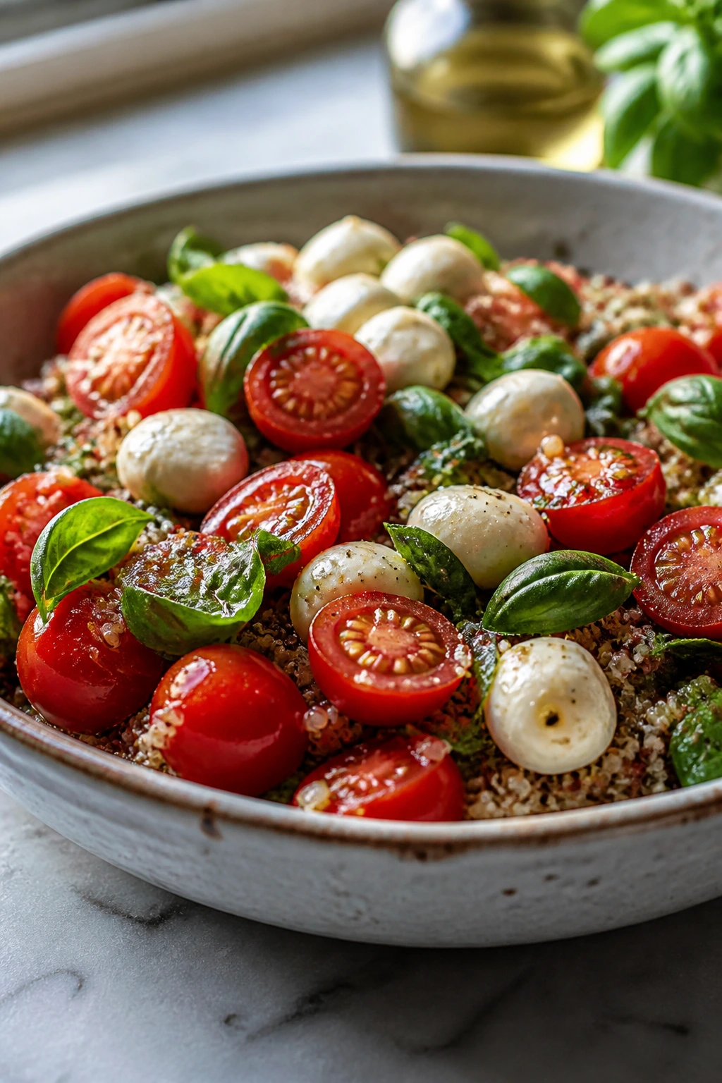 Close-up of Caprese Quinoa Salad bowl with tomatoes mozzarella and basil on quinoa