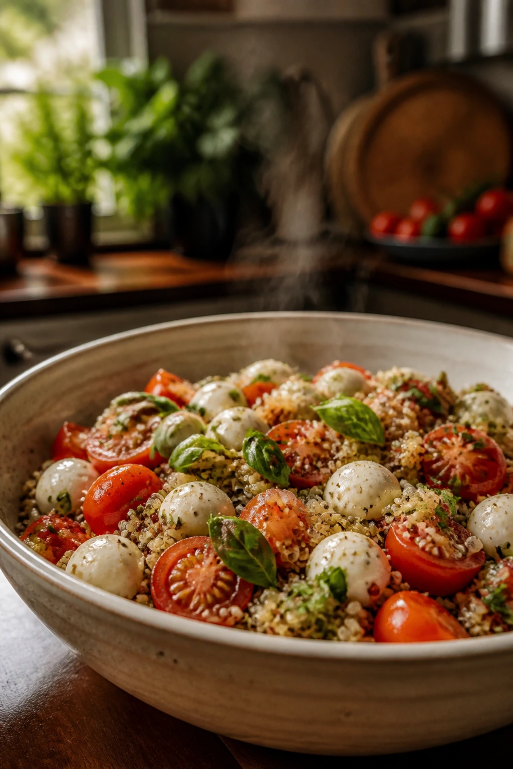 Caprese quinoa bowl in warm kitchen lighting with tomatoes, basil, mozzarella