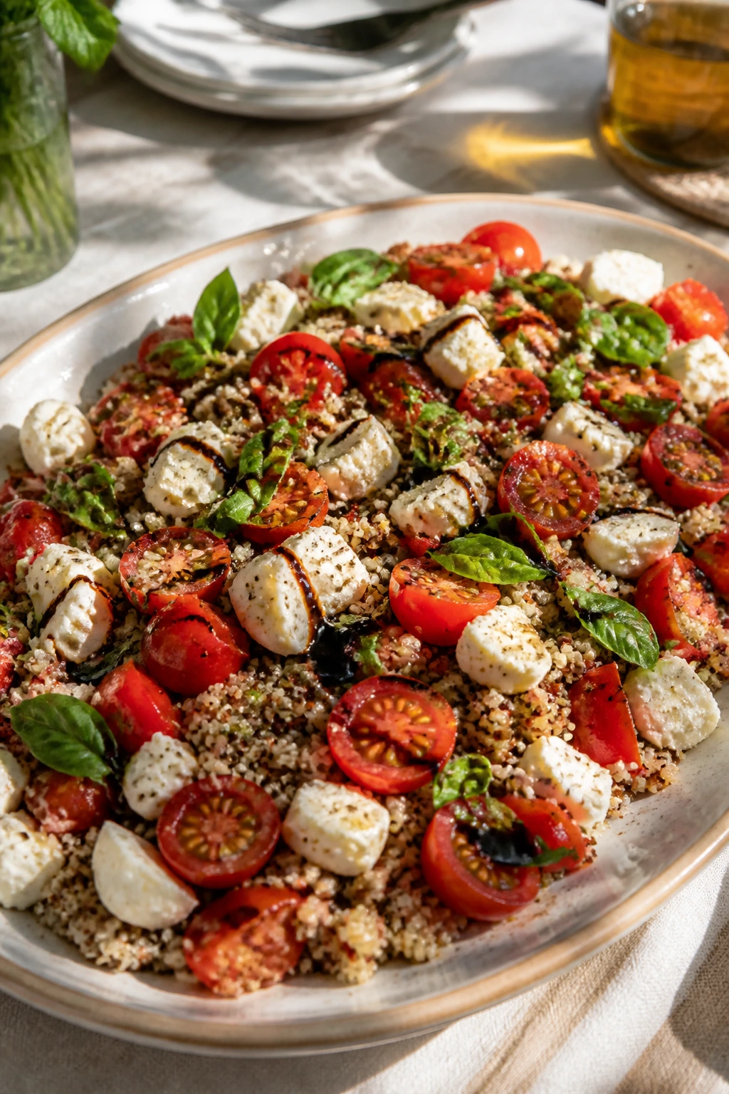 Caprese quinoa salad on a shallow serving platter, vibrant colors