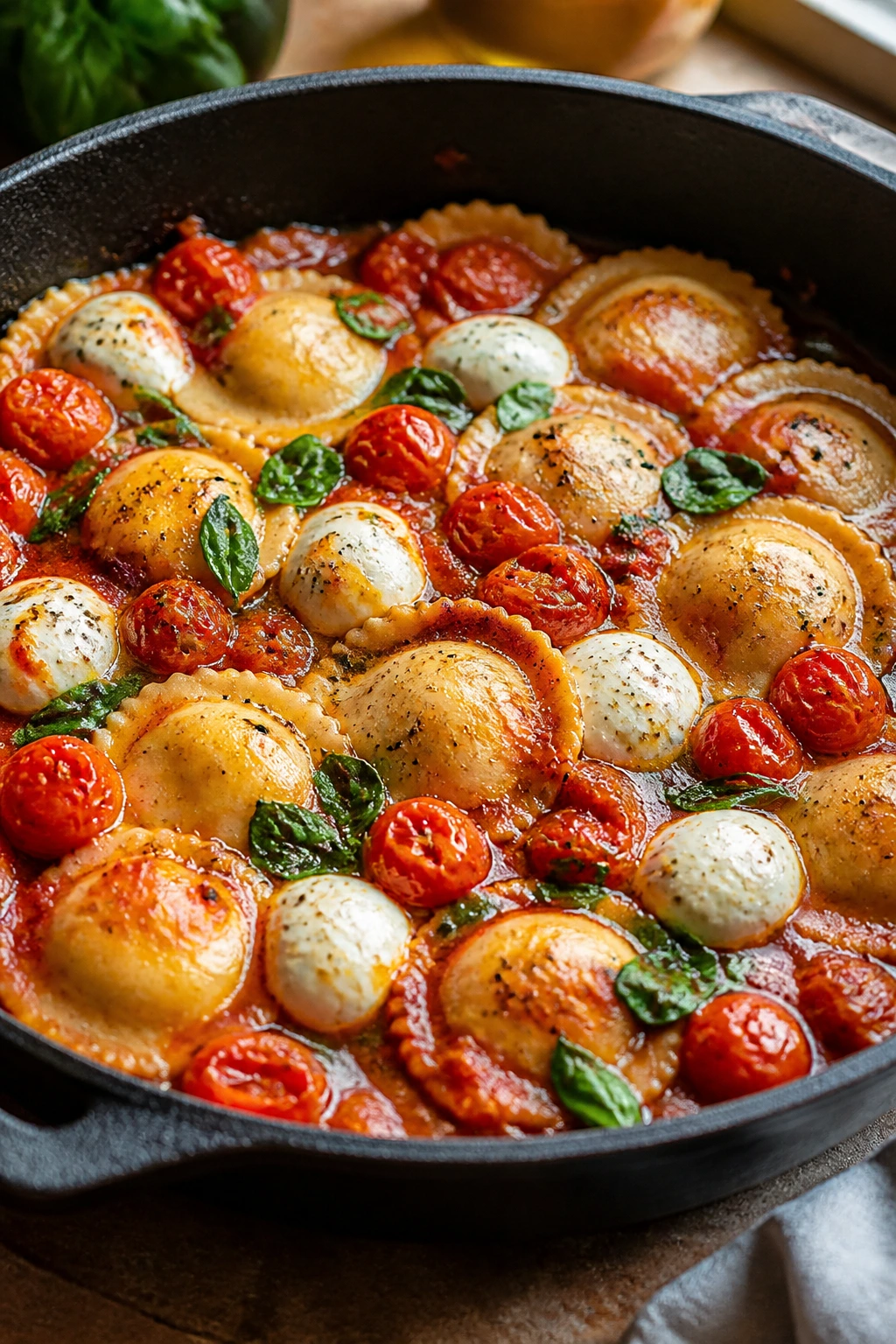 Caprese ravioli skillet with tomatoes mozzarella and basil