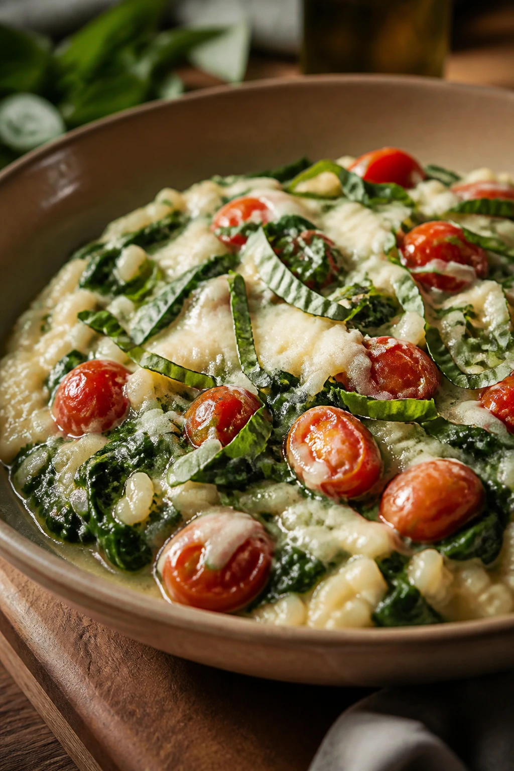Close-up of Caprese Risotto with Spinach in a bowl with tomatoes and basil