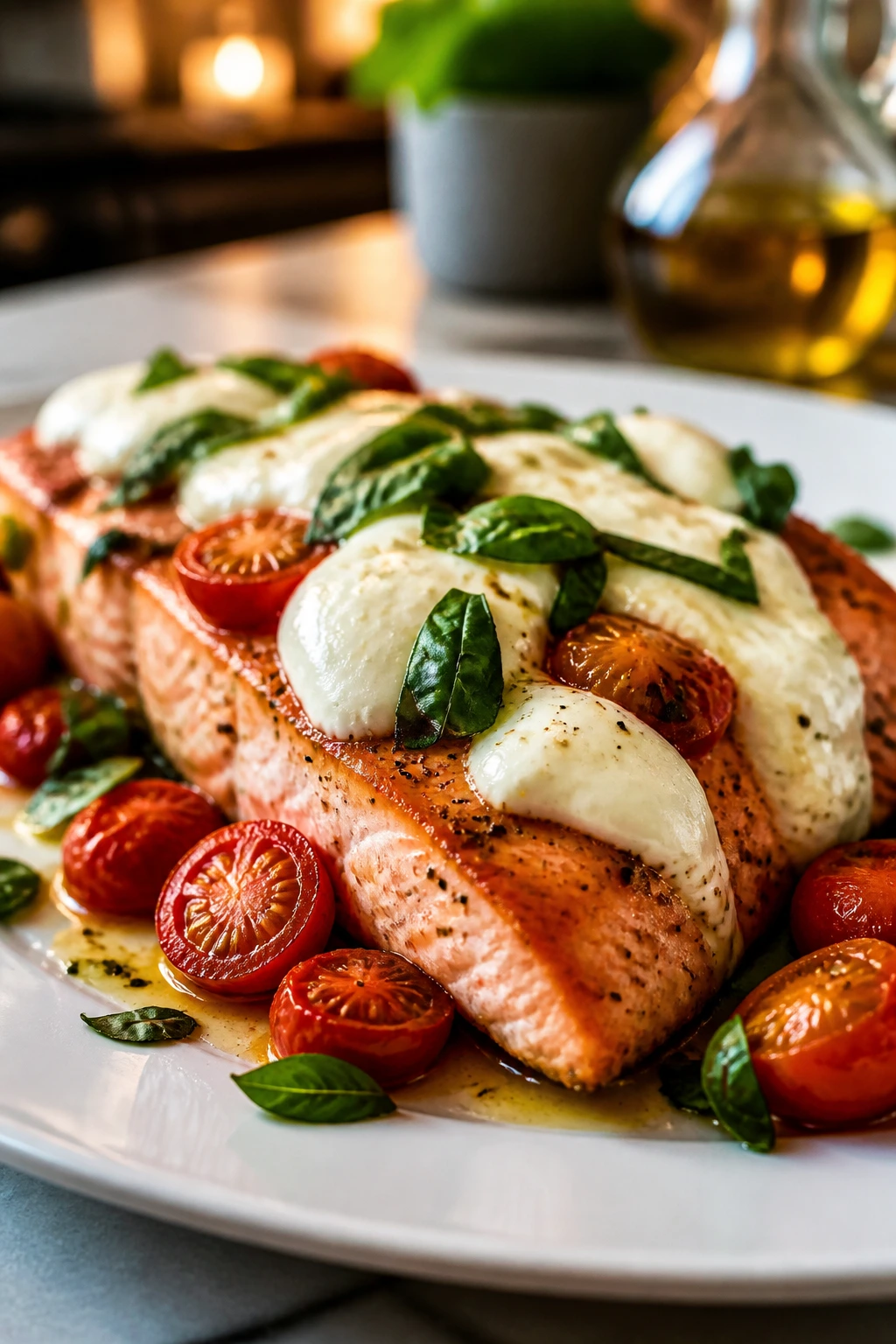 Caprese salmon with cherry tomatoes and mozzarella on a plate