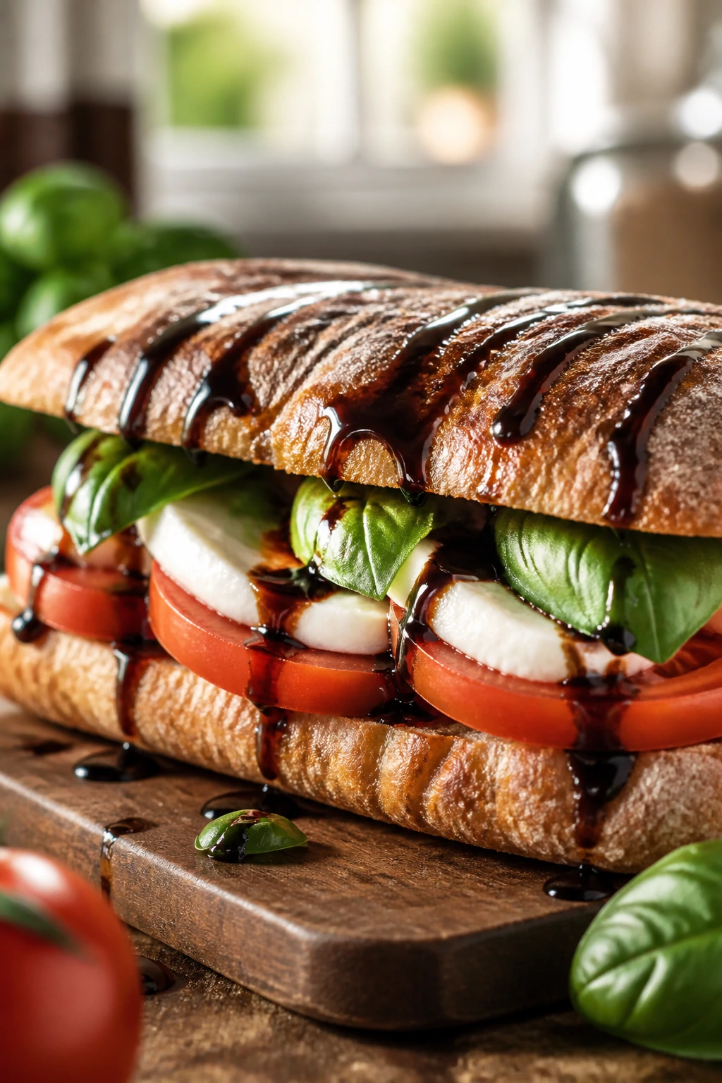 Close-up of Caprese sandwich with mozzarella, tomato, basil, and balsamic glaze on toasted ciabatta