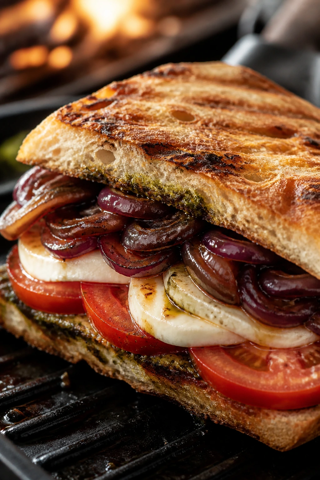 Close-up of a grilled Caprese sandwich with mozzarella, tomato, and balsamic onions on ciabatta.