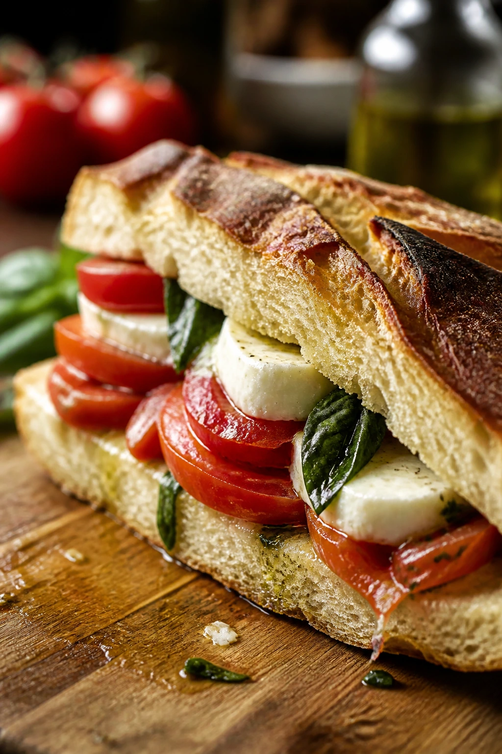 Diagonal slice showing bread, tomato, mozzarella, and basil layers