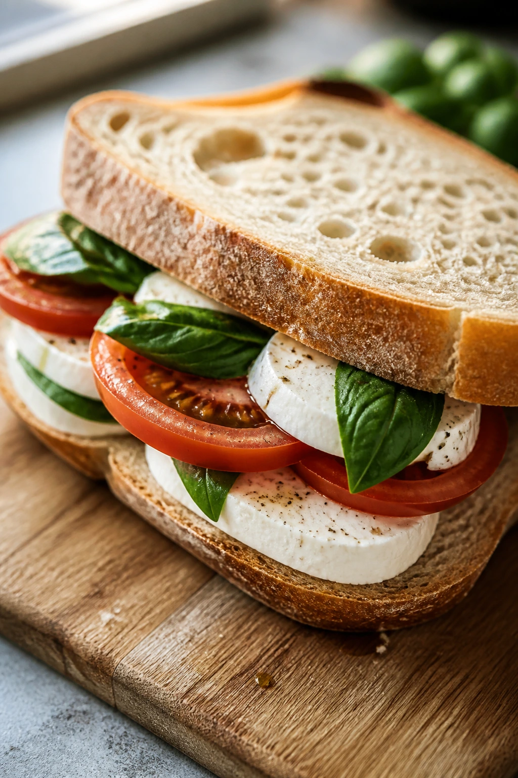 Caprese sandwich showing mozzarella, tomato, and basil