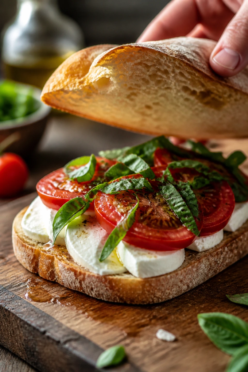 Layered rustic Caprese Sandwich showing mozzarella tomato basil in progress