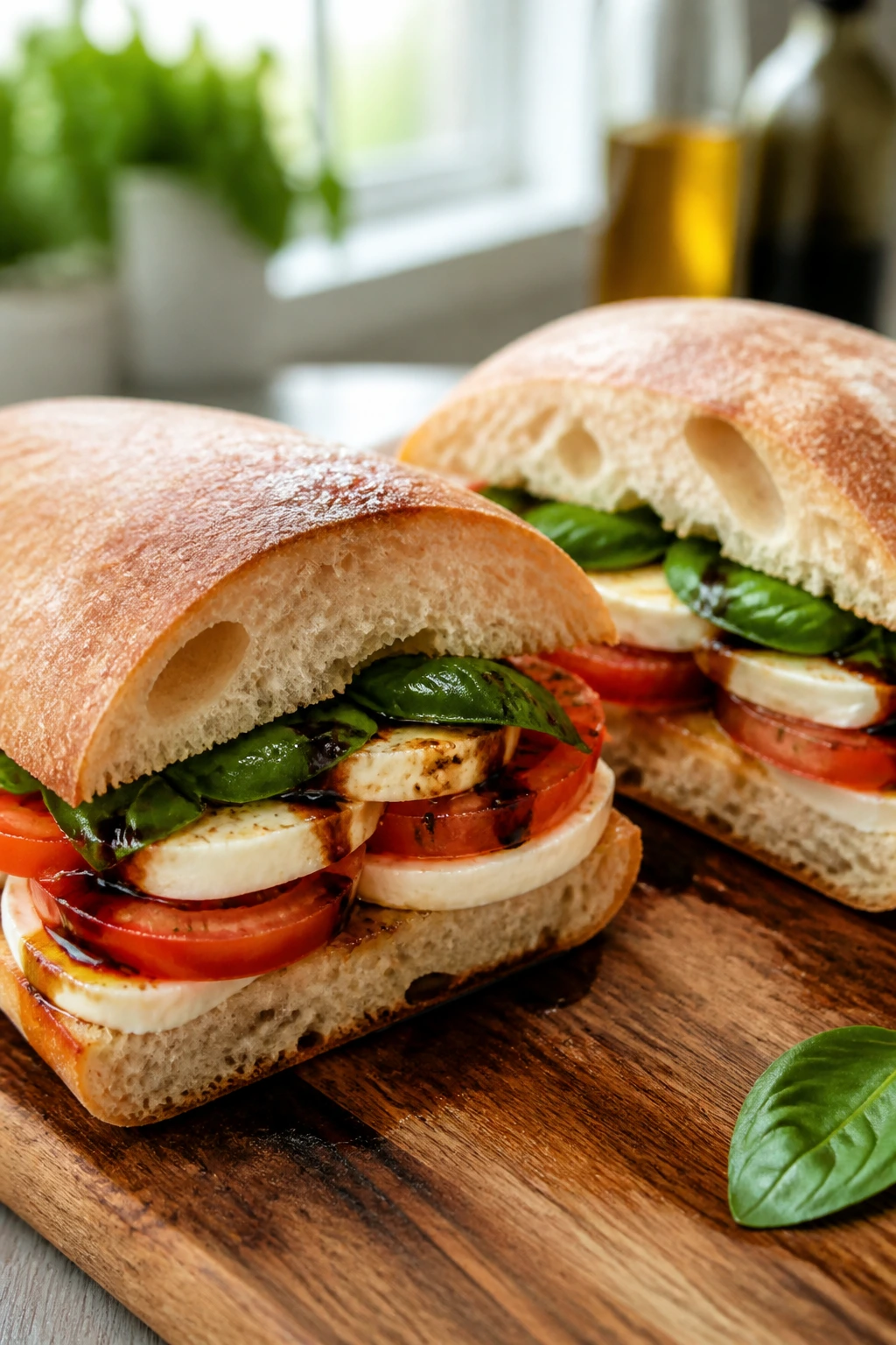 Close-up of Caprese sandwich with mozzarella tomato and basil on ciabatta