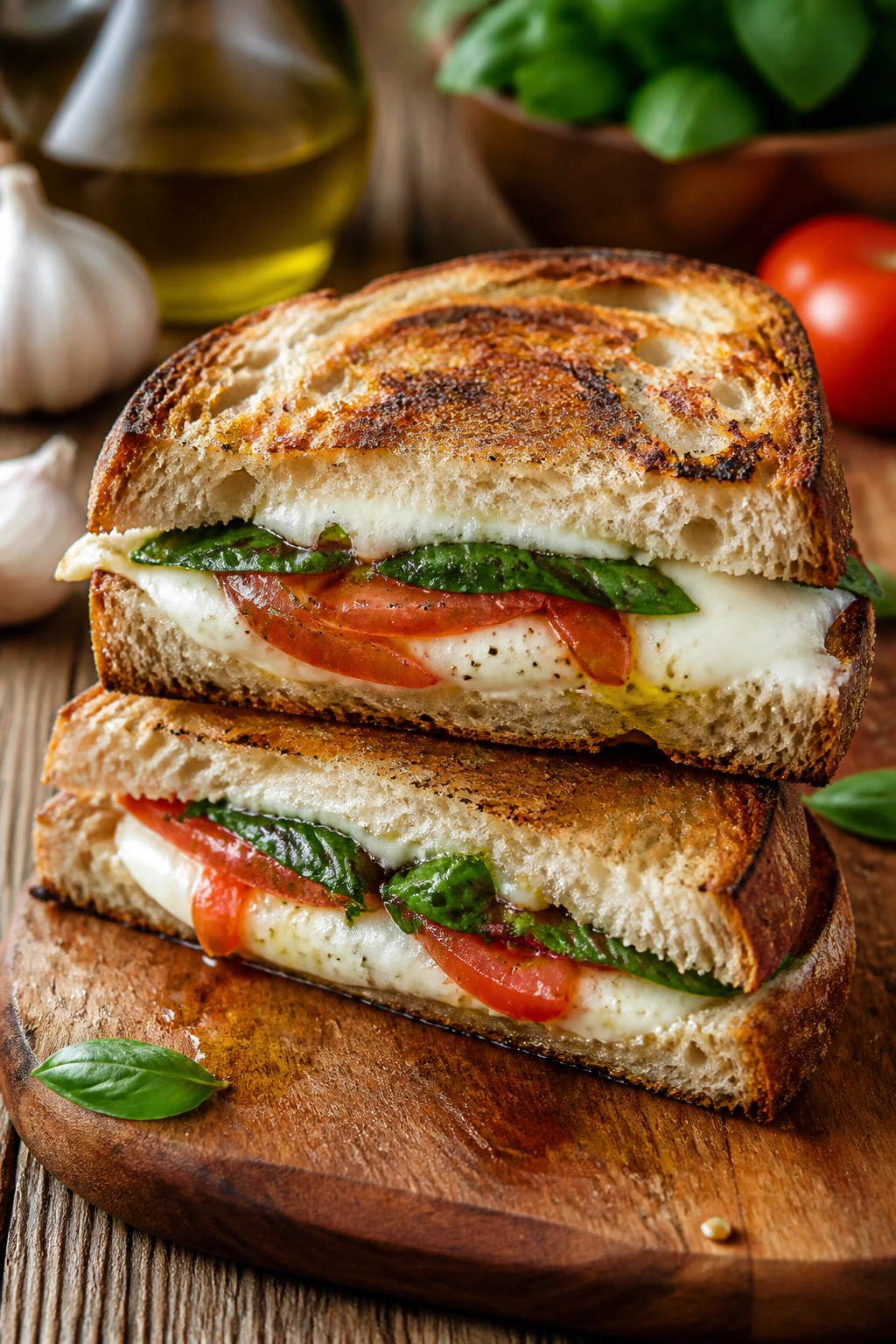 Cross-section of rustic Caprese Sandwich showing mozzarella tomato basil layers