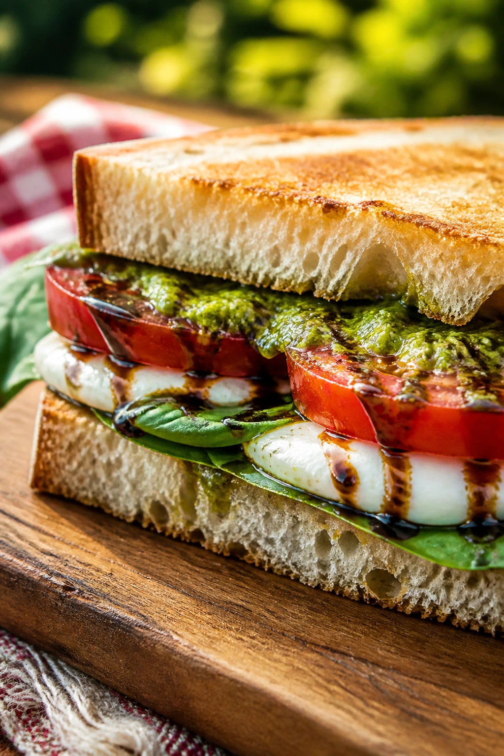Close-up of Caprese sandwich with pesto and balsamic on a wooden board outdoors