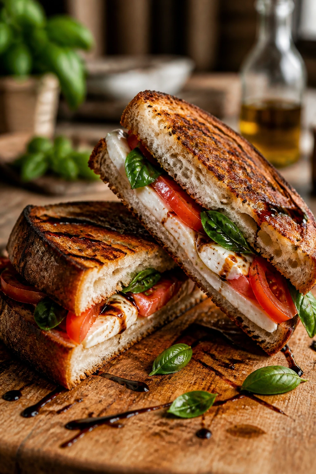 Close-up of diagonally cut Caprese sandwich on a rustic board with basil and balsamic drizzle