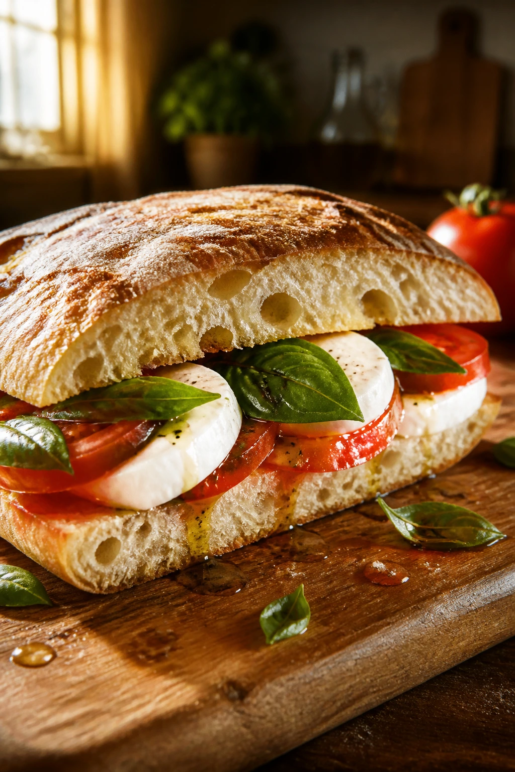 Close-up of rustic Caprese sandwich with fresh tomato, mozzarella, and basil
