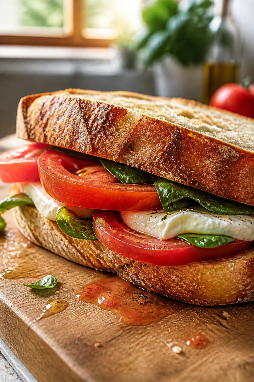 Close-up of rustic caprese sandwich showing crusty bread, tomato, mozzarella, and basil on a cutting board