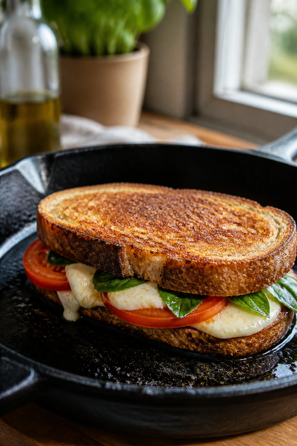 Sandwich being pressed in skillet showing toasted crust and melty mozzarella