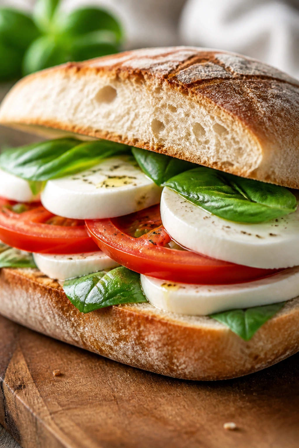 Caprese-style sandwich on rustic board with tomato mozzarella and basil