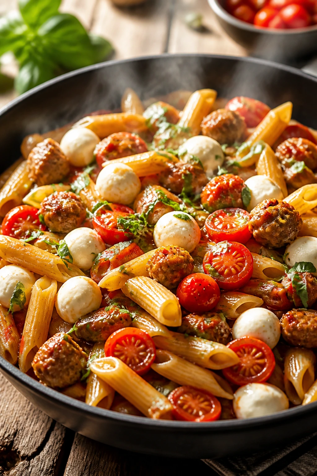 Close-up of Caprese Sausage Pasta Skillet with sausage, pasta, tomatoes, mozzarella pearls, and basil