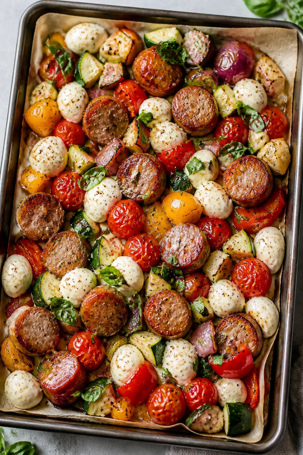 Sheet-pan sausage with vegetables and mozzarella on a roasting tray