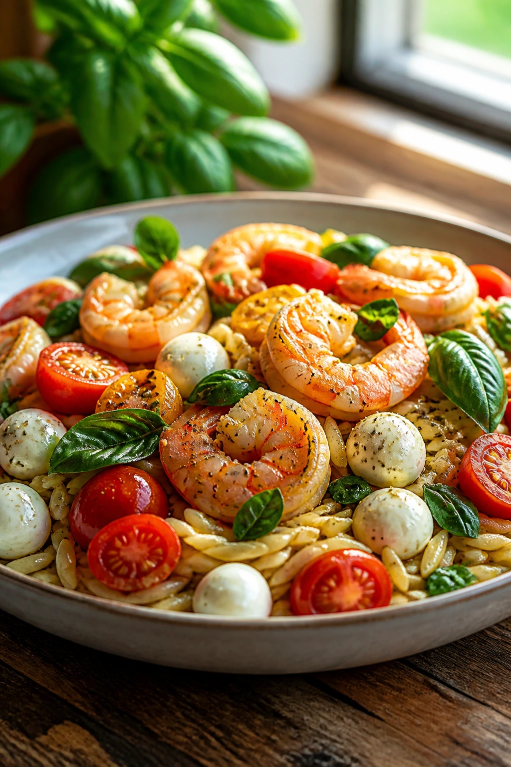 Close-up of Caprese Shrimp Orzo with shrimp, orzo, tomatoes, mozzarella pearls, and basil