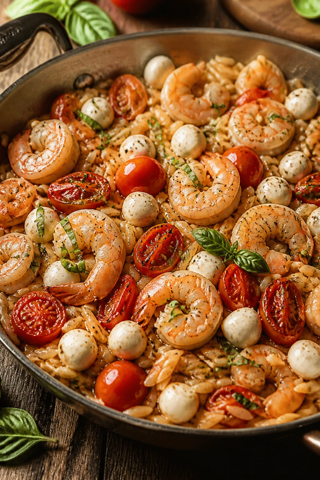 Shrimp with orzo, tomatoes, mozzarella, and basil in a skillet
