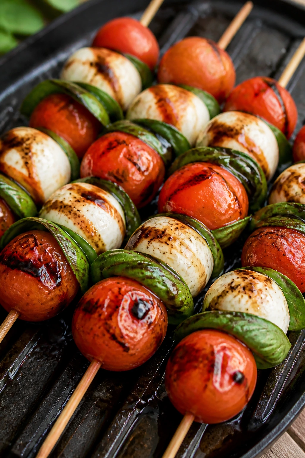 Close-up of caprese skewers with mozzarella and tomatoes