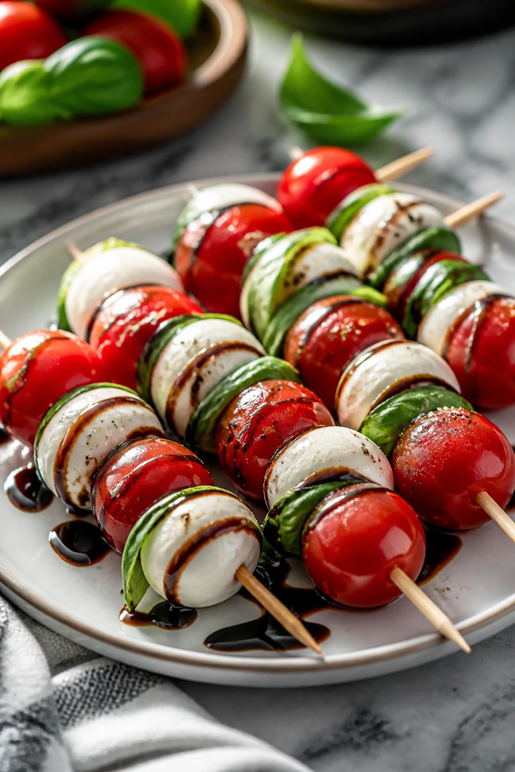 Close-up of caprese skewers with basil, mozzarella, and balsamic drizzle on a plate