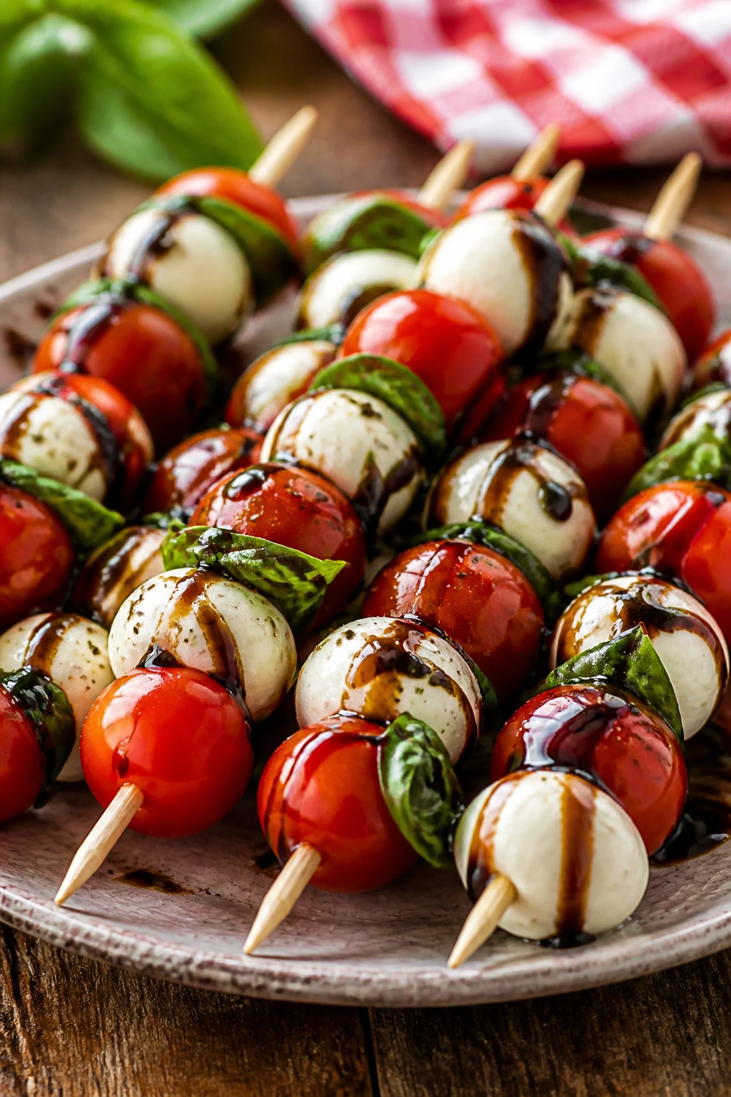 Caprese skewers with mozzarella, tomato, and basil with balsamic glaze on a wooden board.
