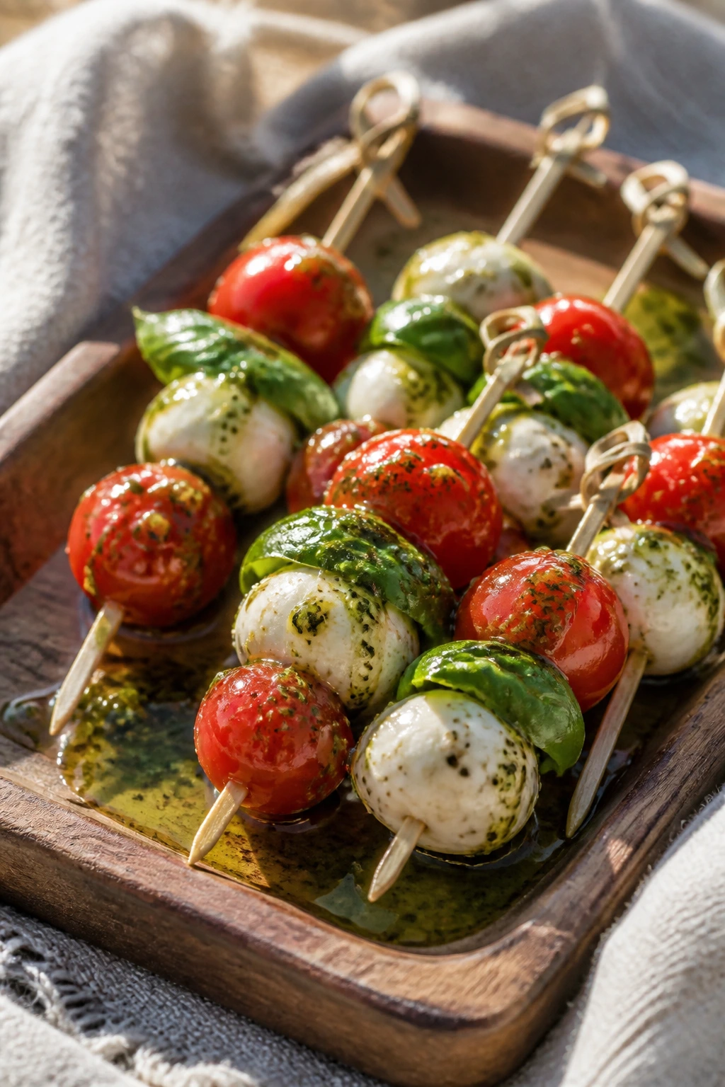 Close-up of Caprese skewers with basil oil on a wooden tray
