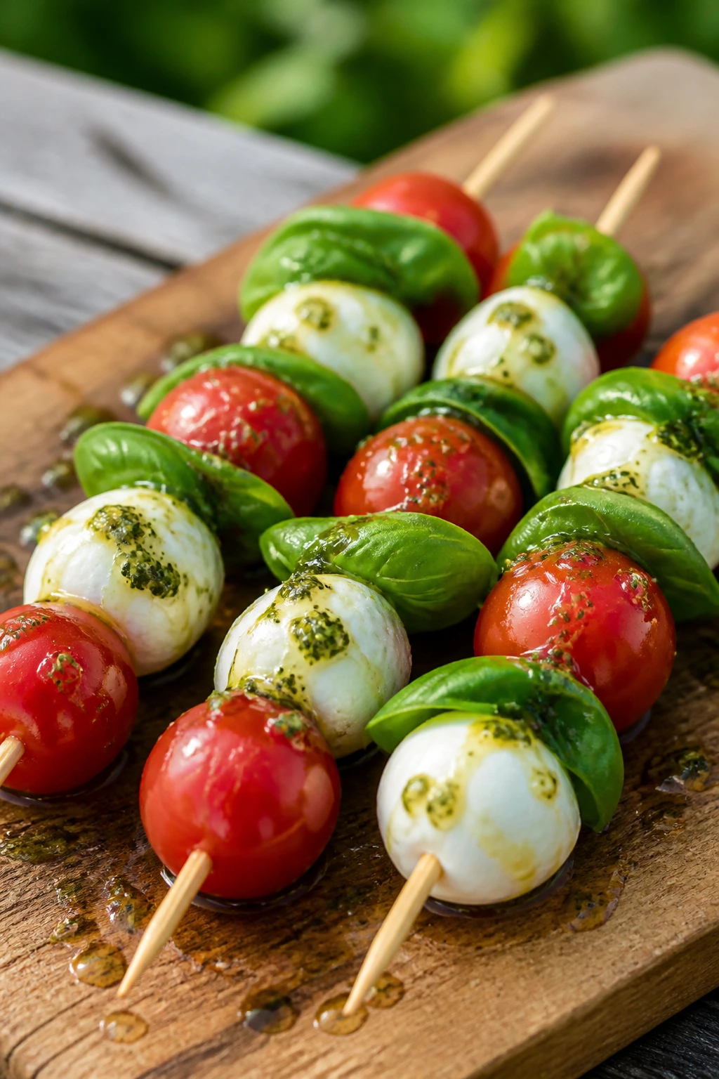 Caprese skewers with basil oil on a wooden board outdoors