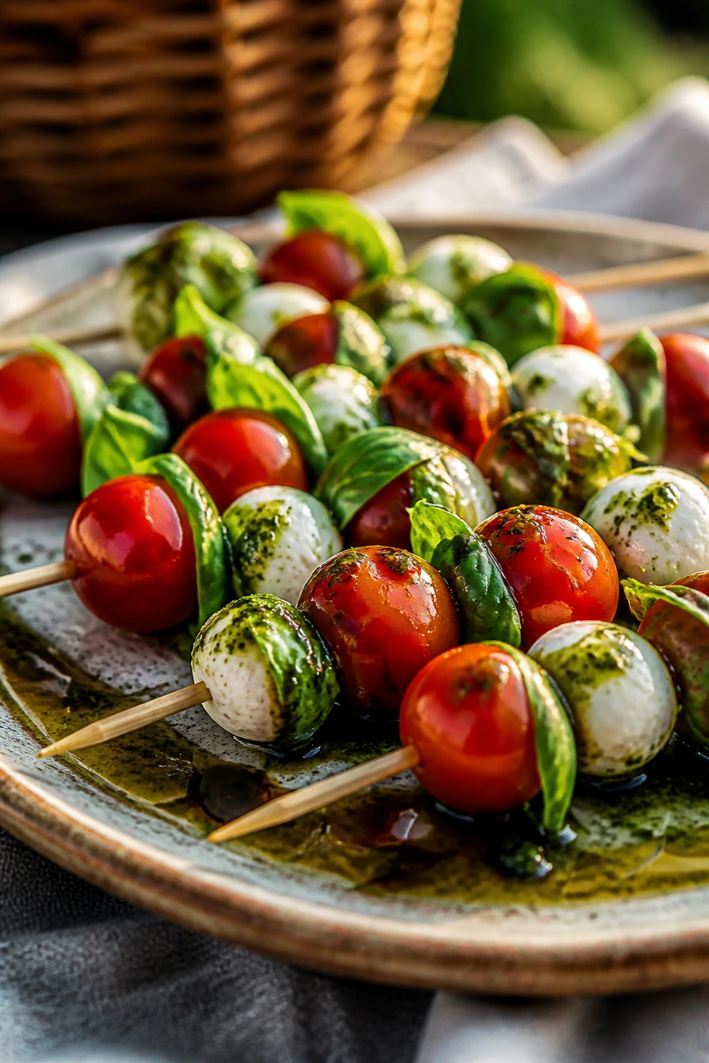 Caprese skewers with basil oil on a rustic platter