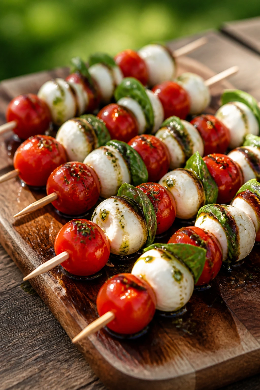 Close-up of Caprese skewers with basil oil on a rustic board at a sunny picnic