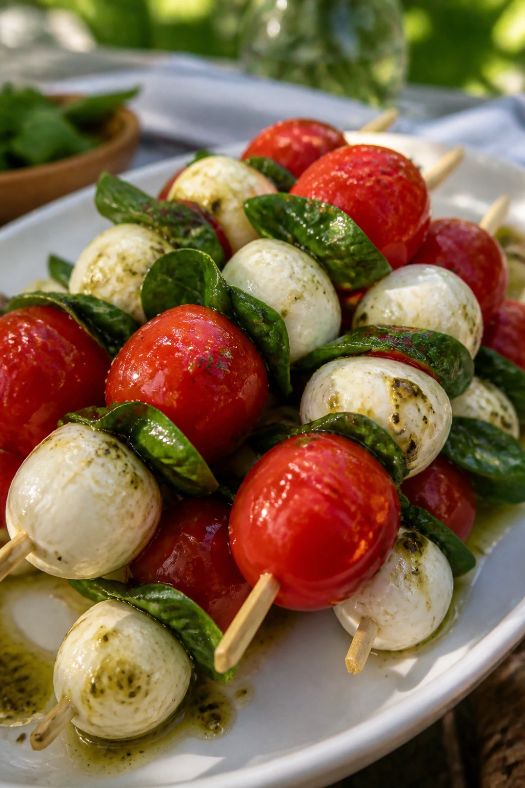 Caprese skewers with basil oil on a plate for a picnic