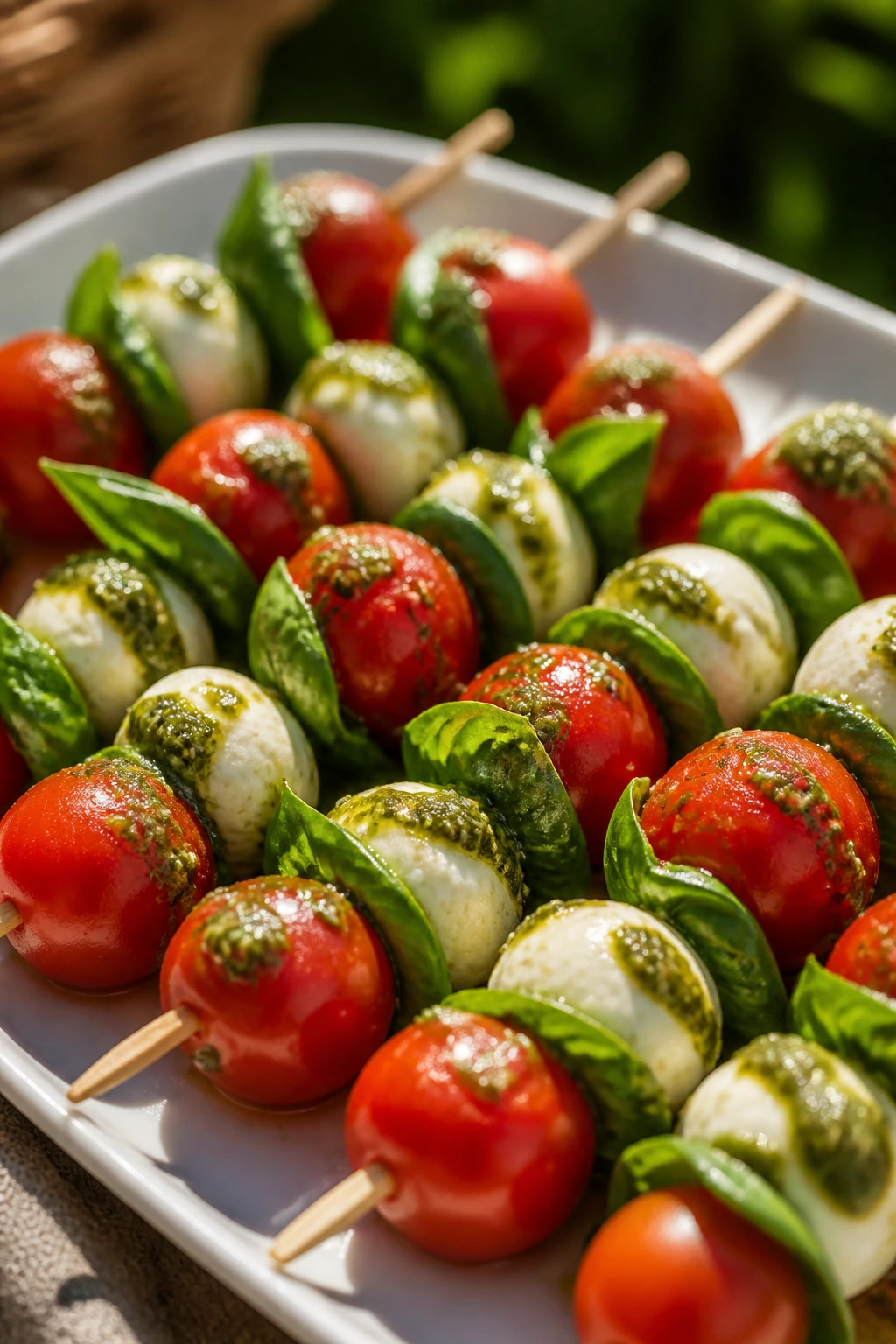 Close-up of Caprese skewers with pesto drizzle on a picnic table