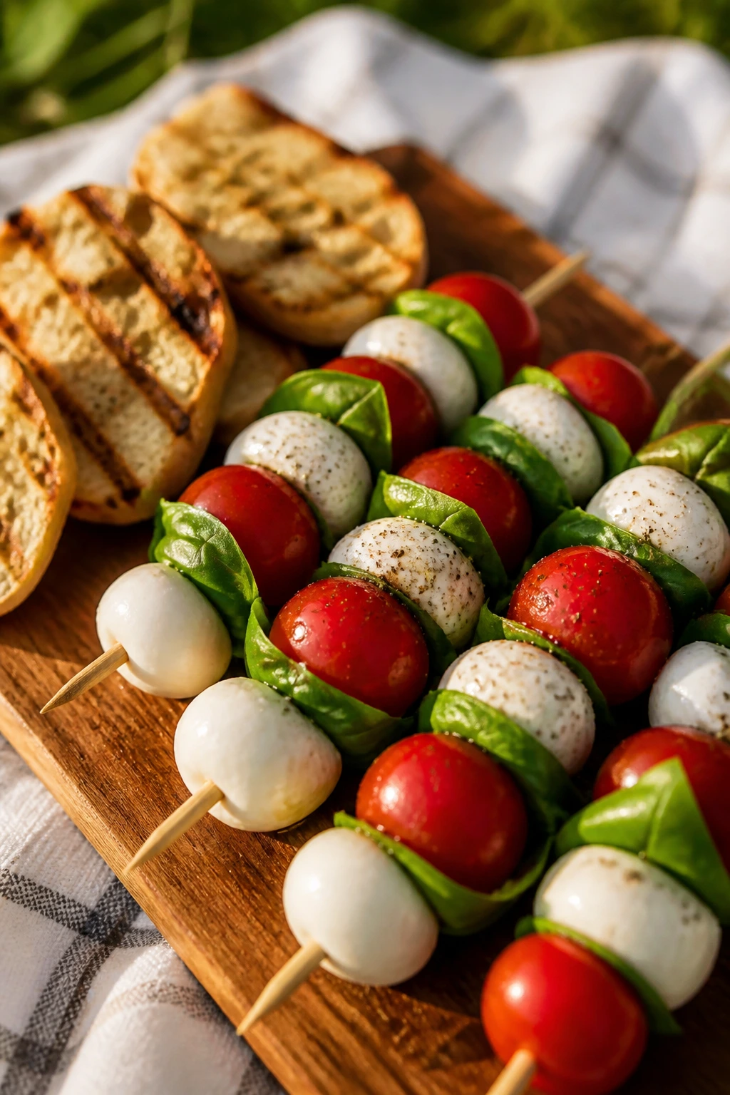 Caprese skewers with grilled bread on a wooden board at a sunny outdoor picnic
