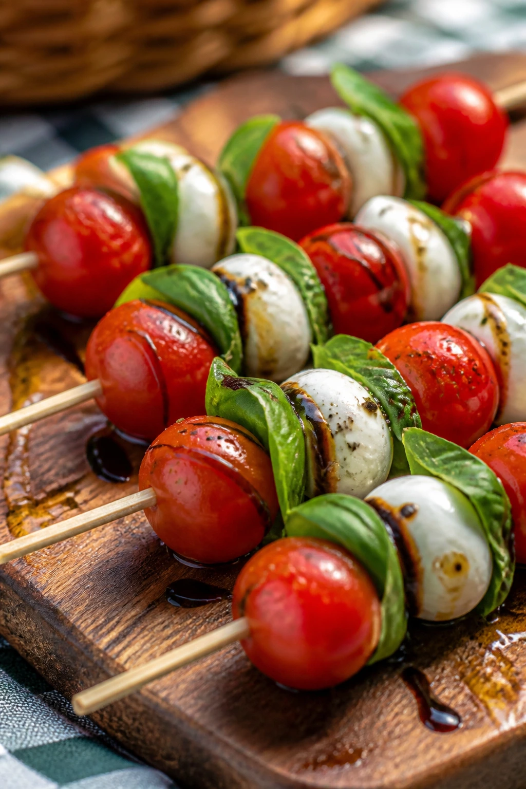 Caprese skewers with tomatoes, mozzarella, and basil on a wooden board.