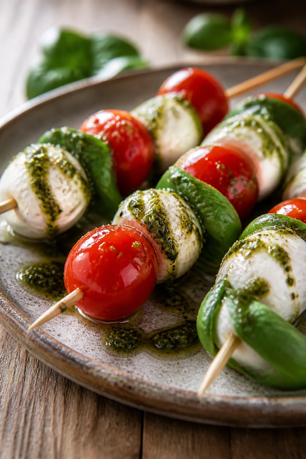 Caprese skewers with pesto drizzle on rustic plate
