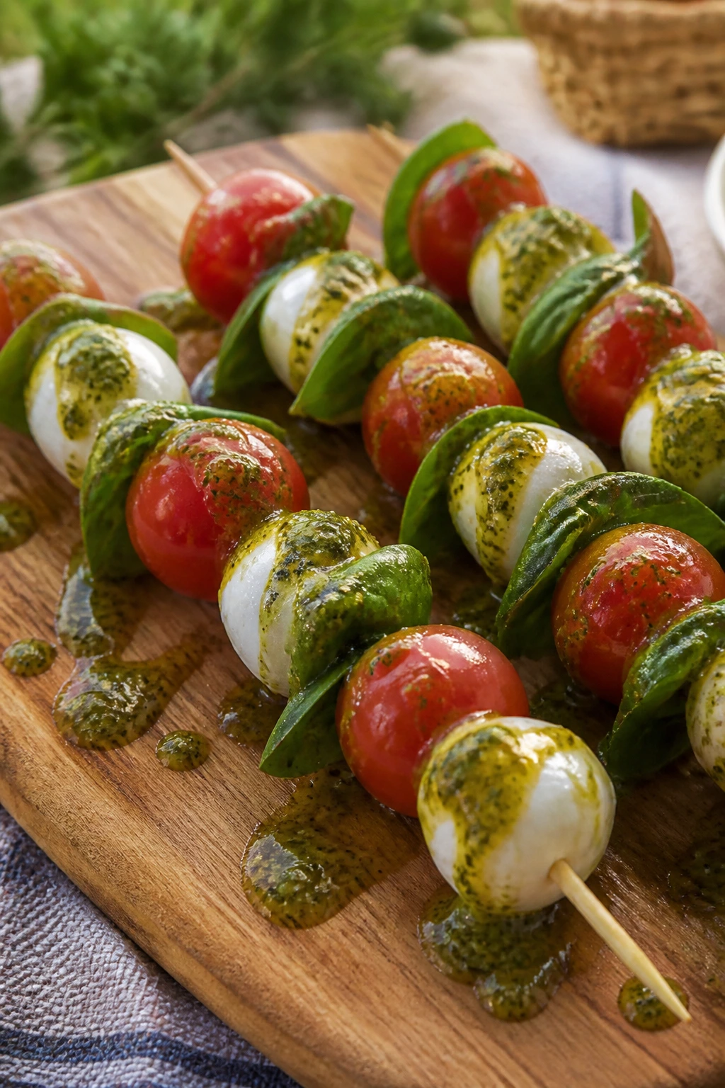 Caprese skewers with pesto drizzle on wooden board