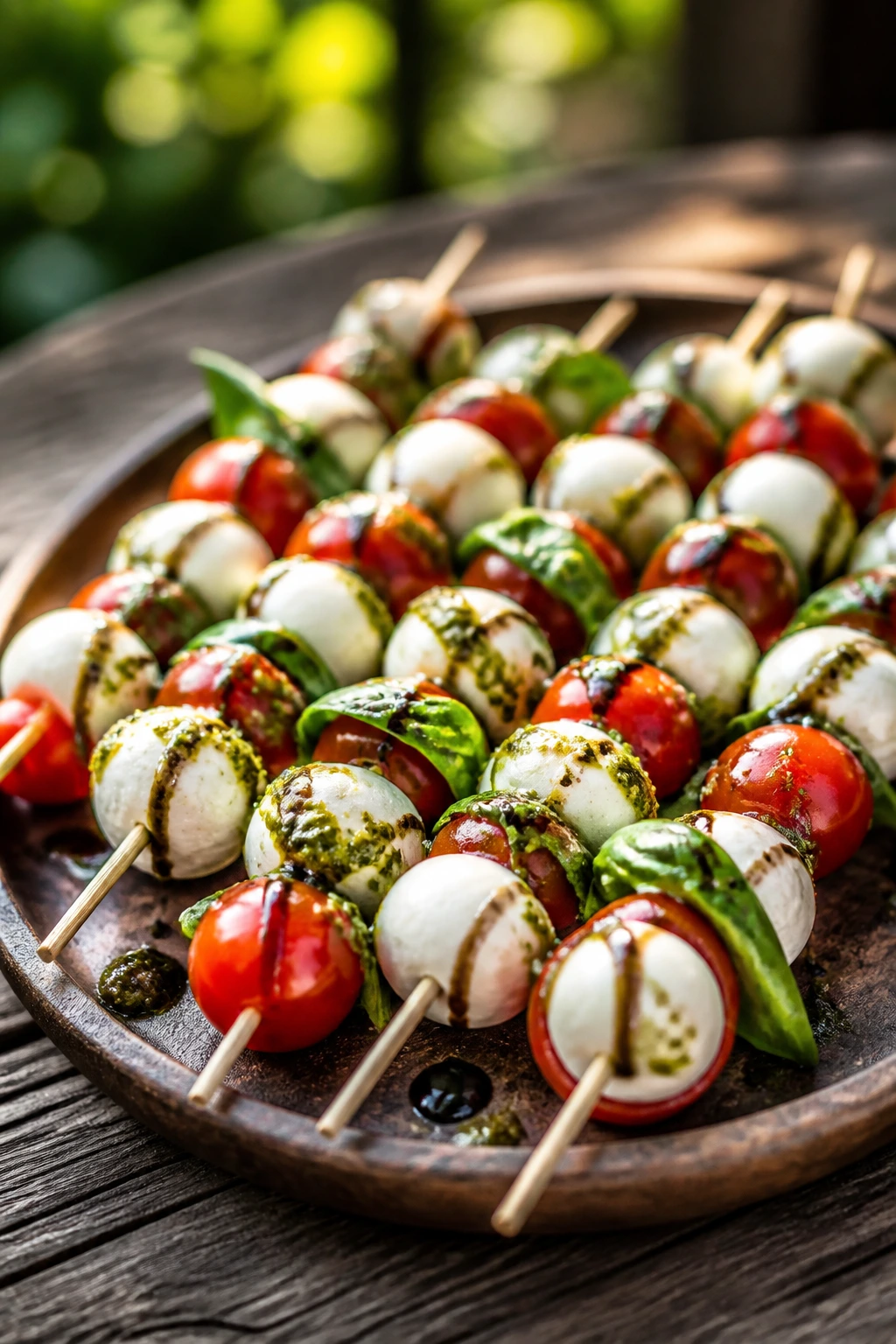 Caprese skewers with pesto drizzle on a rustic platter